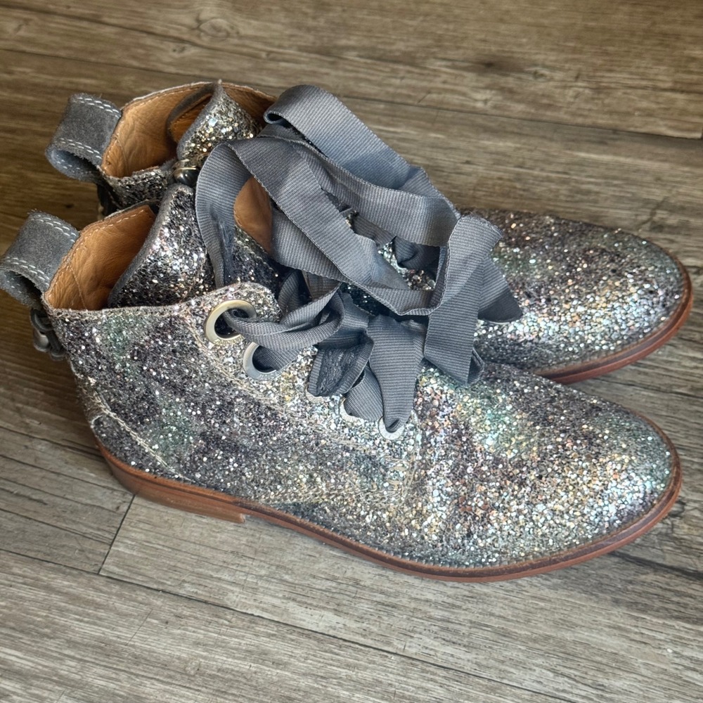 Zadig & Voltaire Joe Glitter Combat Boots Silver Skull Feather Charms Womens 38